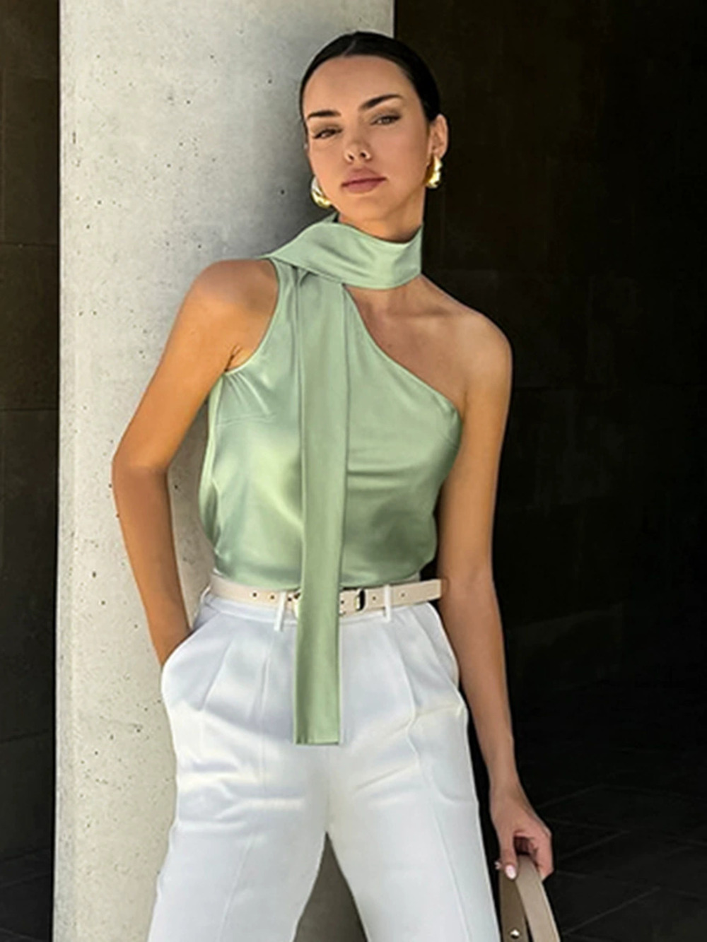 Forever 21 Faux Acetate Satin Halter Neck Tank Top Green Summer Work